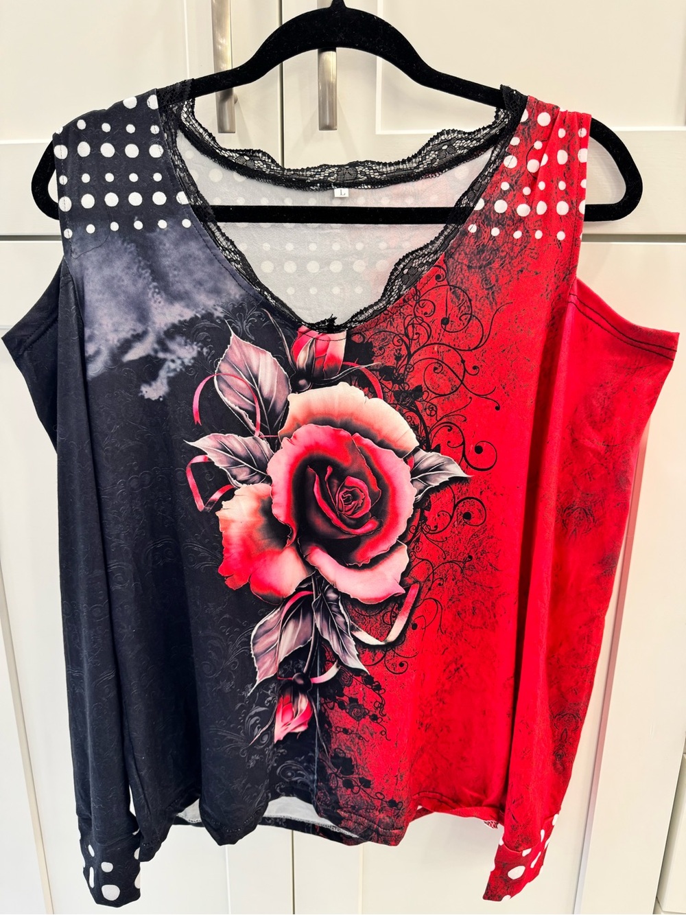 Red & Black Rose-Print Cold-Shoulder Tank Top